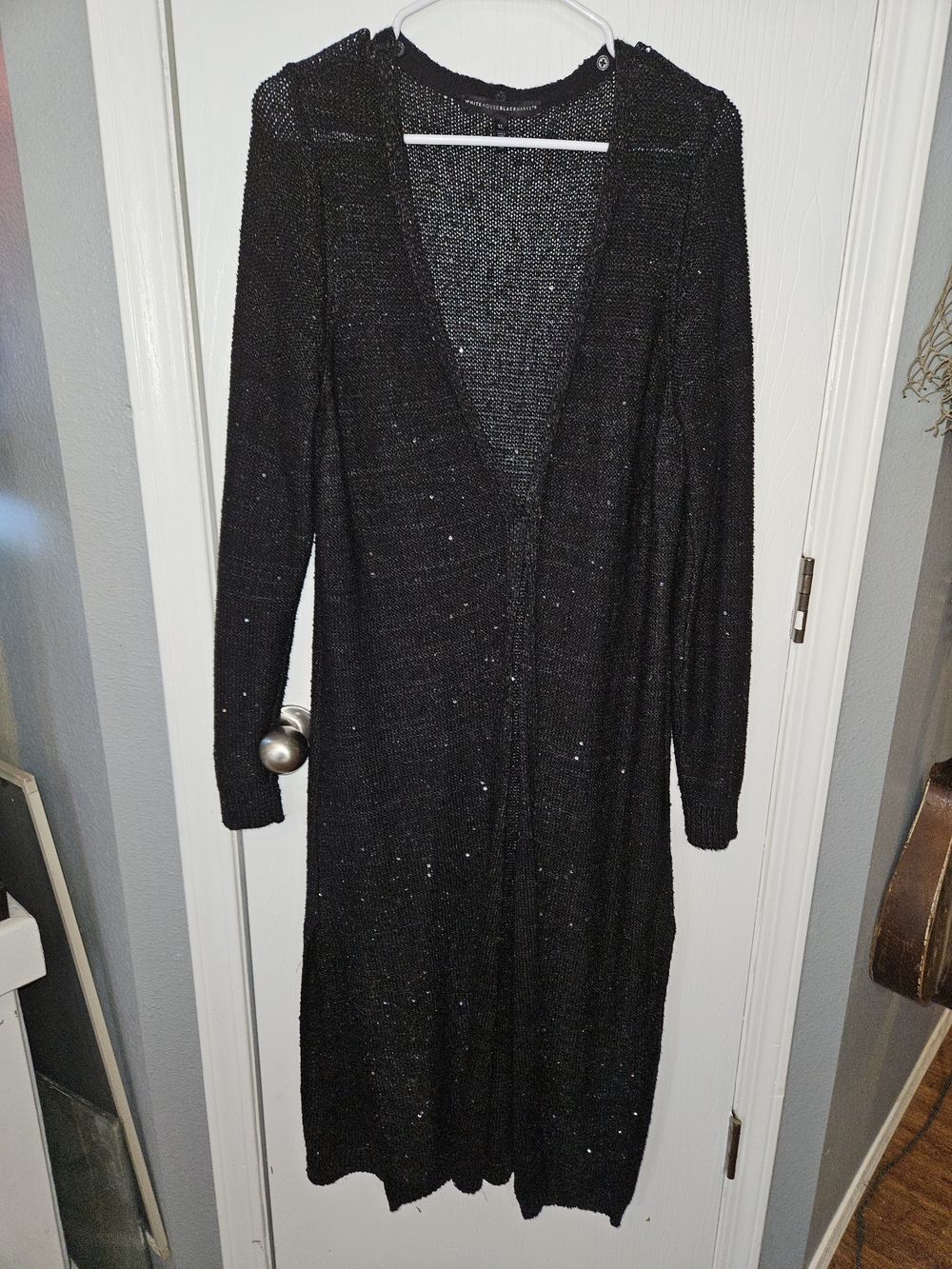 White House Black Market Black Sparkle Open-Front Long Cardigan